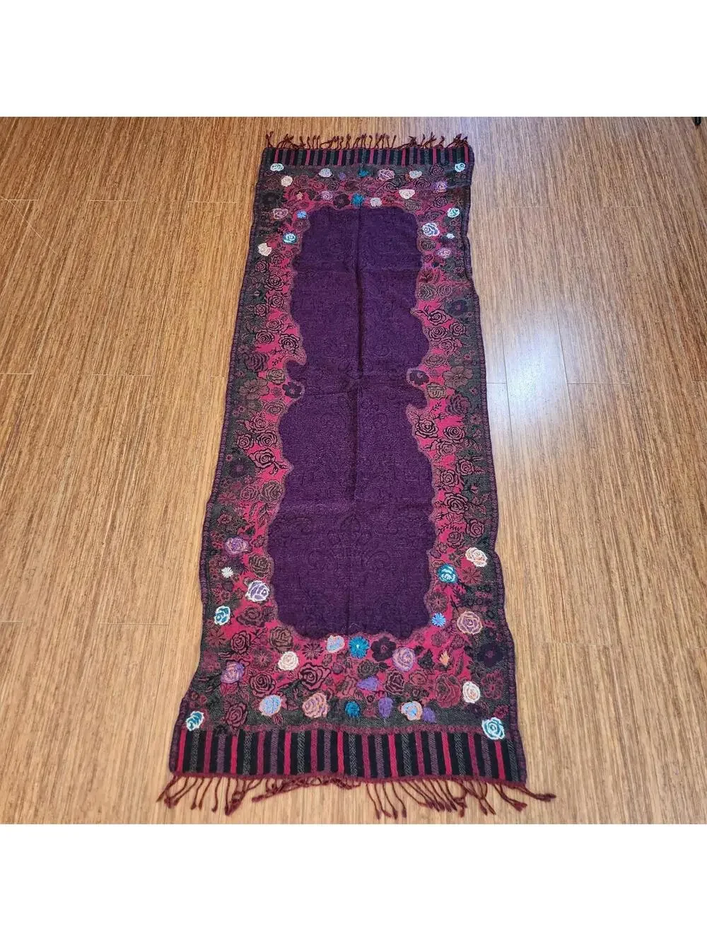 Cozy Floral Embroidered Purple Wool Scarf with Fringe